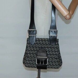 FENDI Zucchino Canvas Shoulder Bag Black Silver Auth bs27912